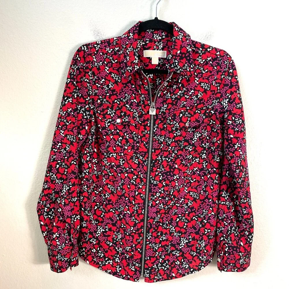 Michael Kors Womens Small Floral Zip Up Blouse‎ Roll Tab Sleeve Shirt Top